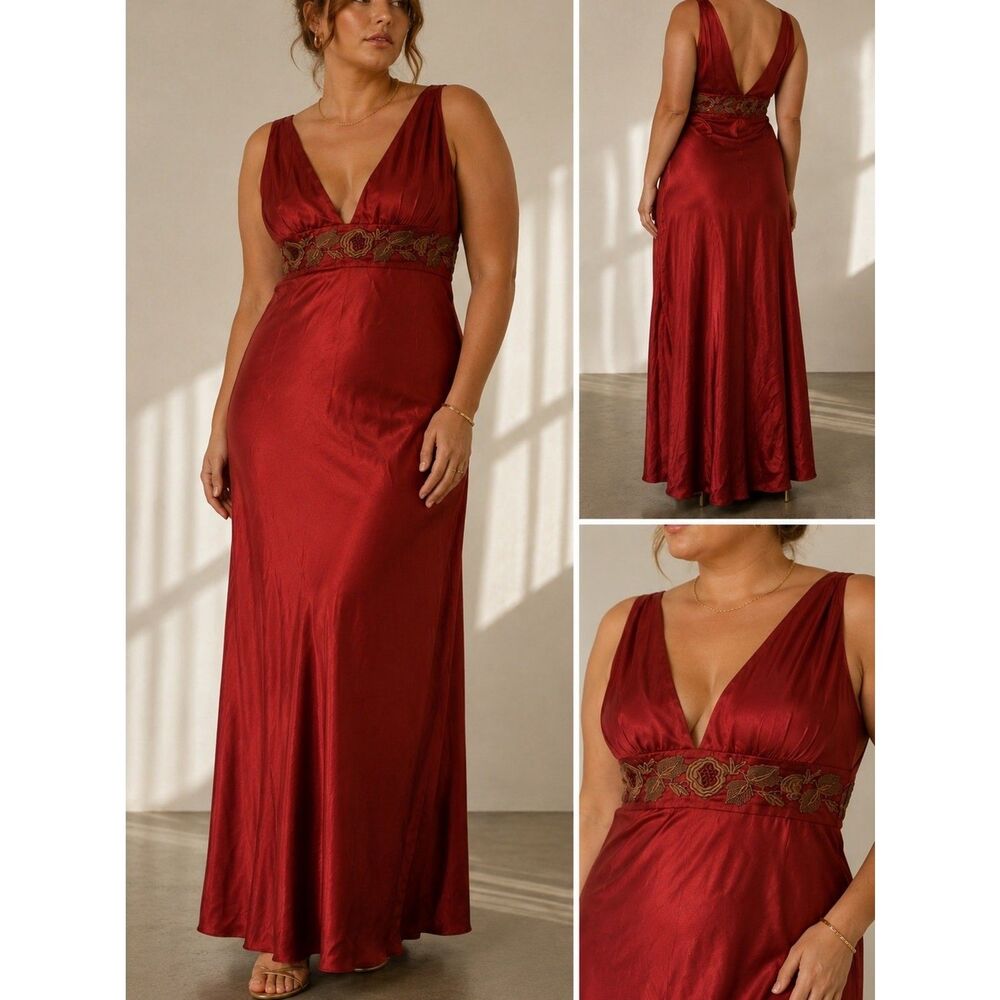 Vintage Y2K silk Newport News burnt orange Maxi Dress w/ Embroidered Waist M/L